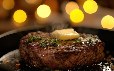 Steak on a cast iron skillet, butter melting over it, with a cinematic bokeh background