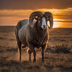 A ram walking across a vast savanna, with a blazing sunset overhead.