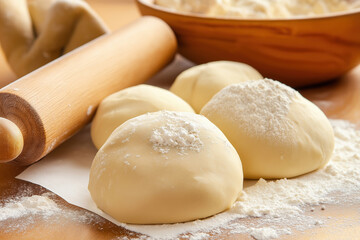 Fototapeta premium Preparing fresh dough for baking at a kitchen counter in the afternoon