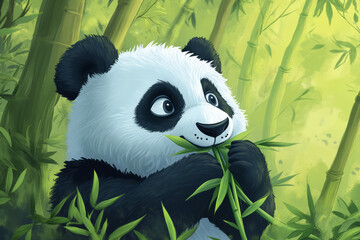 Fototapeta premium Illustration of a fluffy panda munching on bamboo in a peaceful forest. The panda's playful expression and the soft, green surroundings create an adorable and calming illustration for kidsâ€™ stories