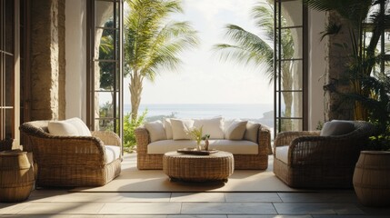 relaxing coastal living room with rattan furniture and ocean vie