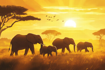 Fototapeta premium Illustration of a family of elephants walking through the savanna at sunrise. The golden light illuminates their majestic forms as they move together across the open landscape, evoking a sense of