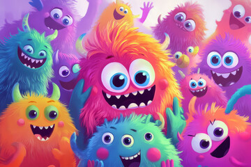 Naklejka premium Illustration of a happy little monster with colorful fur and big eyes, surrounded by friendly, smiling creatures. The playful, fun design and bright colors create a joyful, child friendly atmosphere.