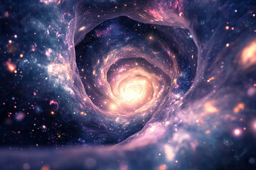 Obraz premium A cosmic themed digital artwork featuring a vortex of glowing stars and swirling galaxies, giving the impression of being pulled into a deep space portal.