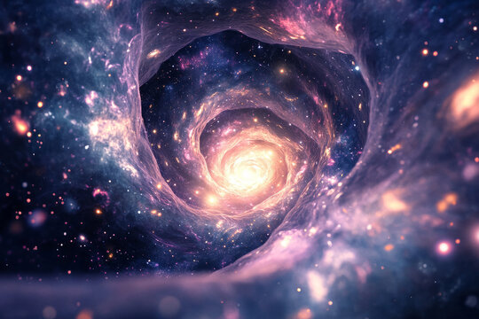 A cosmic themed digital artwork featuring a vortex of glowing stars and swirling galaxies, giving the impression of being pulled into a deep space portal.