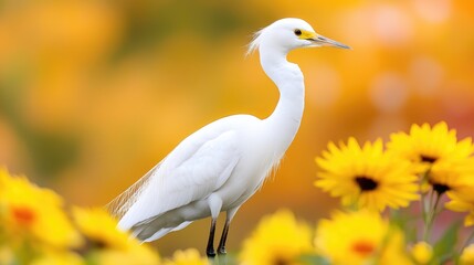 Obraz premium Snowy egret in yellow flower field, nature scene