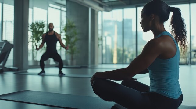 Hypertension patient doing stretches with a fitness trainer. Featuring fitness and coaching