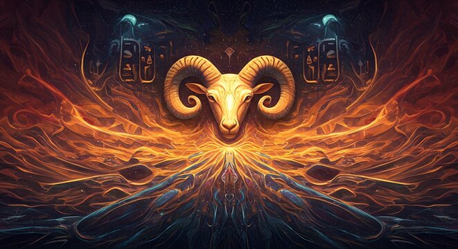 Golden aries ram head with ornate background details