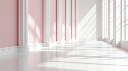 Elegant, sunlit, pale pink and white interior hallway with classic columns and large windows.