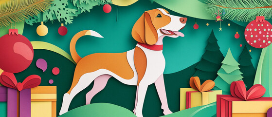 Charming American Foxhound Dog Surrounded by Festive Christmas Papercut Decorations Perfect for Holiday-Themed Imagery and Seasonal Celebrations
