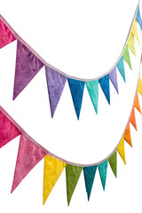 Row of triangular bunting flags in vibrant Holi colors, hanging in a slightly curved formation on a white background.
