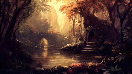 Obraz premium Autumnal Forest Scene with Stone Structure and River