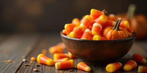 Candy corns and pumpkins in a decorative bowl on a table, candy, seasonal, container