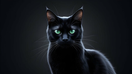 Obraz premium Black cat with piercing green eyes stares directly at the viewer against a dark background.