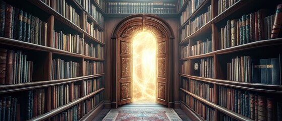 Mystical library with glowing doorway.