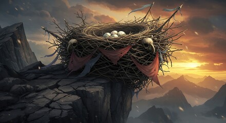 A giant bird nest sits perilously atop a rocky cliff