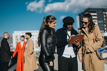 A group of young professionals collaborate while using a tablet outdoors with a blue sky...