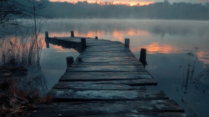 Obraz premium serene sunrise over misty lake with wooden dock