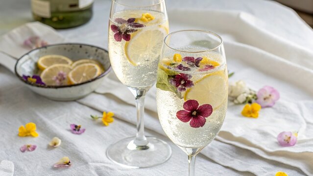 Champagne glasses filled with refreshing lemon sparkling water adorned with edible flowers on a table with lemon slices and scattered petals