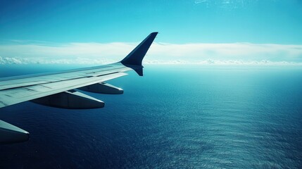 The silhouette of an airplane wing soaring over a deep blue ocean, with the horizon meeting the sky on a clear day during a transatlantic flight.
