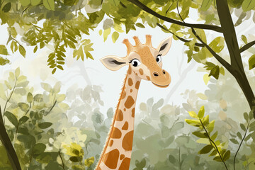 Illustration of a gentle giraffe sticking its head out of the treetops, its long neck curved elegantly. The serene forest scene, with soft pastel colors, creates a peaceful, friendly environment for