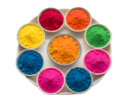 Top-down view of multiple round plates filled with vibrant Gulal powders, neatly arranged in a circular pattern on a white background.
