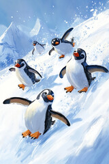 Fototapeta premium Illustration of a group of playful penguins sliding down an icy slope in Antarctica. The cold, snowy landscape contrasts with the bright, cheery expressions of the penguins, capturing the charm and