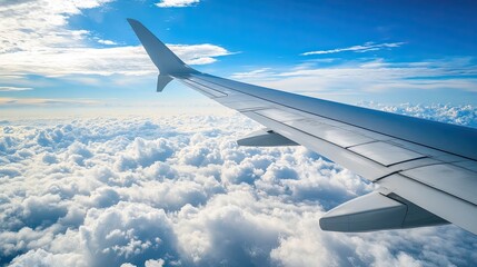 Obraz premium The wing of an airplane gliding over a thick cloud cover, with distant continents visible below, symbolizing a flight over international boundaries.