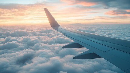 The wing of an airplane gliding through the sky above a sea of clouds, evoking the feeling of freedom and distance in international travel.