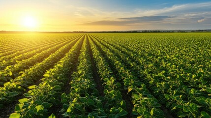 Vast green soybean fields stretching towards the horizon, illuminated by warm sunlight, showing uniform rows and healthy plant growth, ideal for farming concepts.