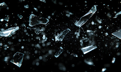 Broken glass close-up, shooting, broken glass in the air, explosion, debris, sharp, commercial, poster, backpicture, advertisement, wallpaper, background, sports, studio level shooting