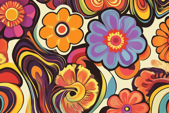 Illustration of a funky retro inspired pattern featuring stylized paisley swirls, bright pop art flowers, and wavy psychedelic lines in warm 1970s tones. The vibrant, vintage aesthetic is bold and eye