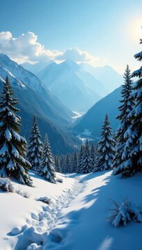 Carpathian mountainsides covered with snow and pine needles under the sun, evergreen, snow