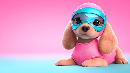 Fototapeta premium Adorable Tan Puppy in Pink and Blue Outfit on Gradient Background