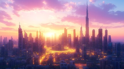 Fototapeta premium Cityscape sunset aerial view, vibrant colors