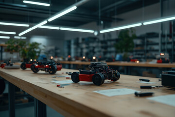 Innovative robotics workshop showcasing multiple small race cars in a tech studio