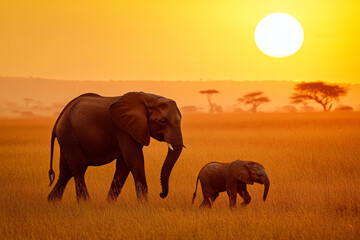 Fototapeta premium A cheerful scene of a mother elephant walking with her baby in the golden African savanna, their trunks playfully intertwined as the sun sets in the distance.