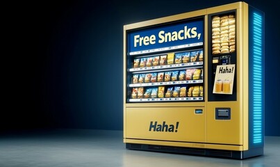 April Fools Day concept. Vending machine offering free snacks with bright signage in a dark environment.