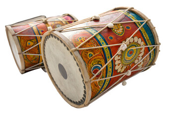 Realistic Indian Dhol drums with colorful decorative patterns, placed diagonally on a white background.
