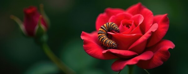 Obraz premium Caterpillar resting on a velvety soft red rose, flora, delicate petal
