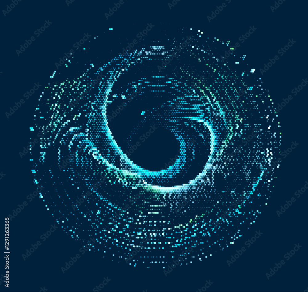 Poster Vector illustration of a dynamic, swirling pattern made from blue dots against a black background. It evokes a sense of cosmic energy and movement, blending digital aesthetics with futuristic art.