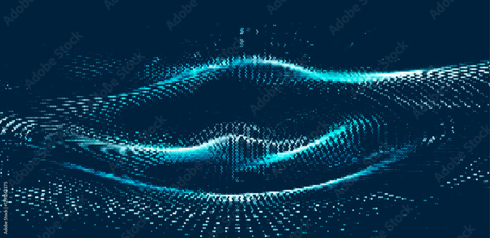 Fototapete vector illustration depicting a flowing wave pattern of blue dots against a dark background. it evok