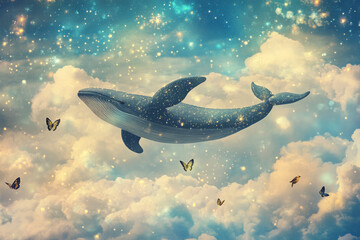 Fototapeta premium A whimsical scene of a flying whale soaring through a sky filled with fluffy clouds and sparkling stars. The whale is surrounded by smaller animals like birds and butterflies, creating a magical