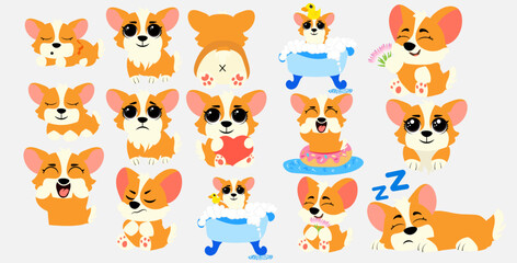 Funny corgi dog character set with various emotions and activities including sleeping, dancing, hugging and smiling perfect for kids designs, prints, stickers or pet-themed content