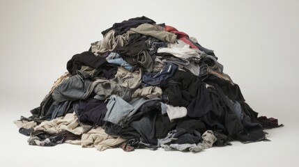 A massive pile of dirty clothes sits neglected in a bright room, showcasing a mix of colors and fabrics, symbolizing the chaotic aftermath of daily life and laundry day struggles