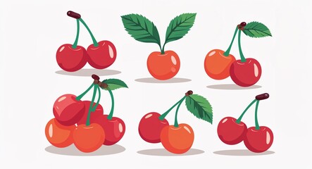 Set bundle of cherries minimalist childish style illustration on plain white background
