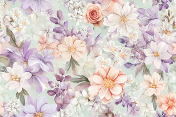 A floral pattern with delicate daisies, roses, and lilies in soft pastel colors like lavender, peach, and mint green. The design is intricate and elegant, perfect for vintage style dresses or