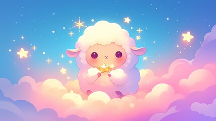 Fototapeta premium A cute animated sheep surrounded by colorful clouds and sparkling stars.