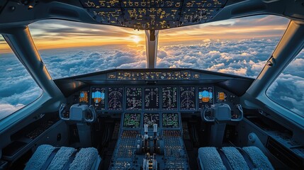 A clean airplane cockpit panel, featuring flight navigation screens and instruments with the sky and clouds visible through the windows.