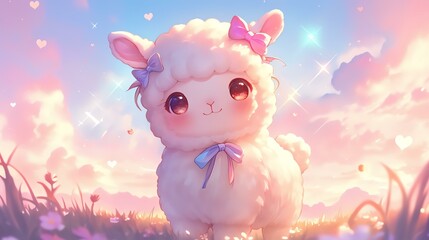 Fototapeta premium A cute, fluffy alpaca standing in a vibrant, colorful landscape under a dreamy sky.